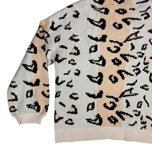 Dress Up Sweater Women Large Beige Orange V-Neck Cheetah Print Oversize Pullover - Picture 6 of 16